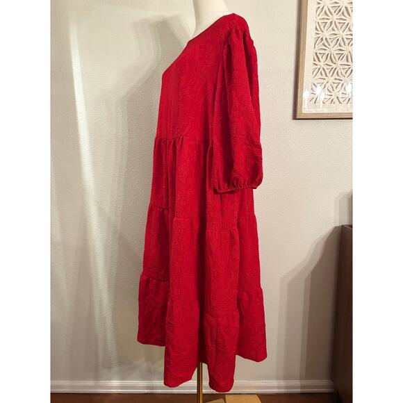 AVA & VIV Red Tiered Long Maxi Dress | Short Sleeve Shimmery Party Holiday | 1X - Picture 5 of 10